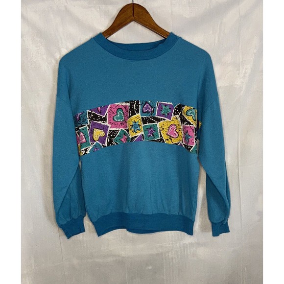 Vintage 80s Love Shack Hearts Funky Retro Neon  Slouchy Sweater Top siz S - Picture 1 of 7